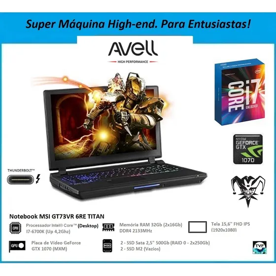 Notebook Gamer Avell G1565 Pro I7-6700k Mxm Gtx 1070 8gb 
