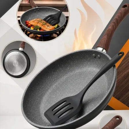 Frigideira de Granito 24cm Antiaderente com Espátula, Cabo de Madeira, Compatível com Indução, Cooktop, Gás e Elétrico, Revestimento Tipo Pedra, Cozinhe com Menos Óleo - Nhame
