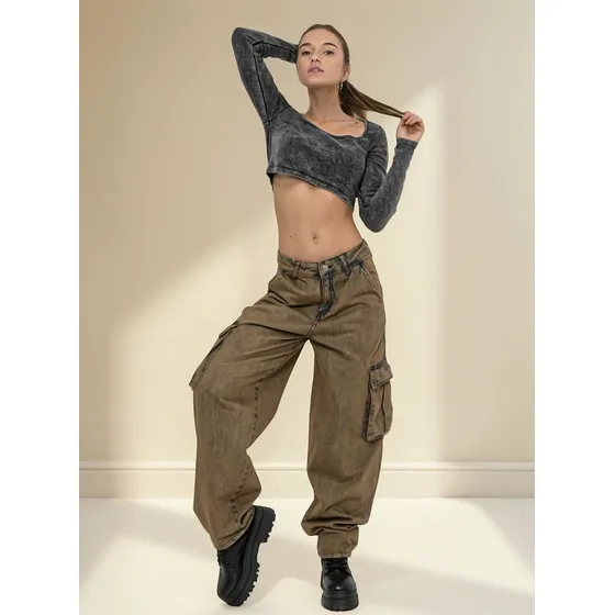 Jean Baggy Cargo Gastado Rígido Dama Diva 