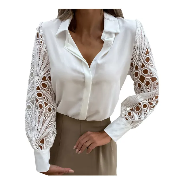 Blusa Casual Negocio Para Mujer Encaje Hueco Manga Larga