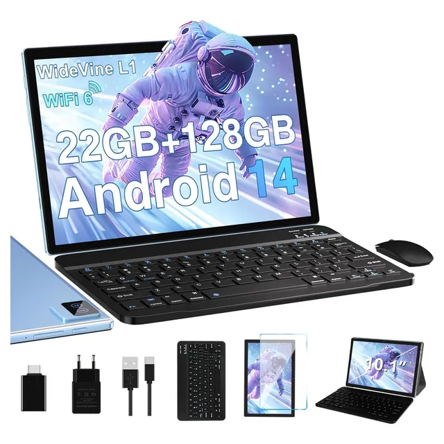 Tablet 10.1 Android 14 22+128gb 8core 8000mah Teclado Raton Color Azul 1tb Tf Expansión 2.0ghz 8000mah Con Funda Teclado Óptico Mous
