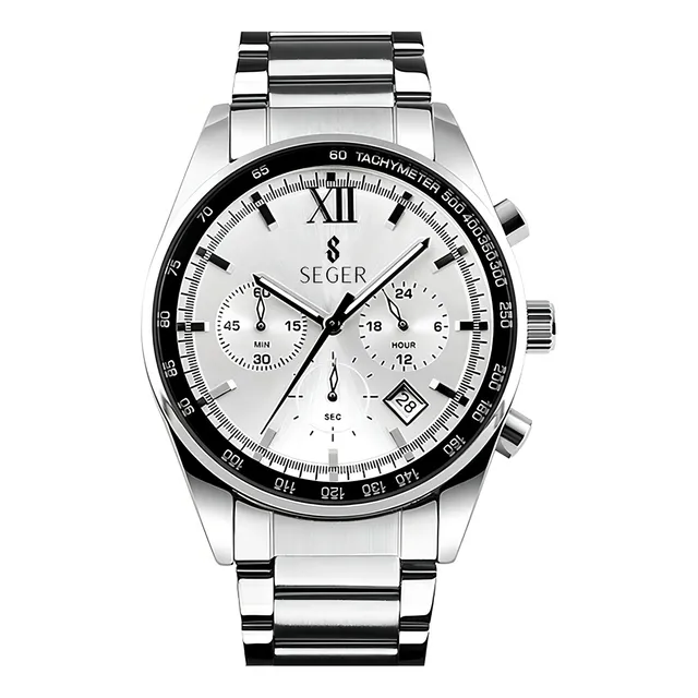 Reloj Elegante Seger 9096 Cronografro Fecha Acero ! Malla Plateado Bisel Negro Fondo Blanco