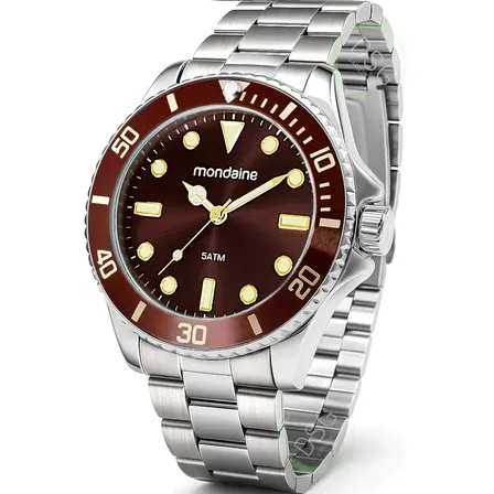 Relógio Mondaine Masculino Analógico Fundo Marrom Aço Inoxidável Cor Prata Brilha No Escuro Prova D'água 50 Metros Prateado