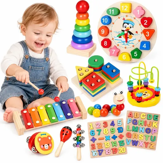 Pack 11 Juguetes Didácticos De Madera Para Niños Montessori, Xilófono, Reloj, Letras, Números, Aros y Juegos de Encaje, Desarrollo de Motricidad y Coordinación