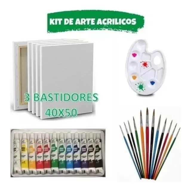 Kit De Arte Acrilicos 3 Bastidores Paleta Y Set De Pinceles 