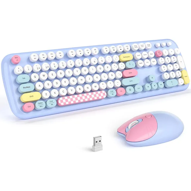 Teclado Y Mouse Inalámbrico Teclas Redondas Retro Con Ñ