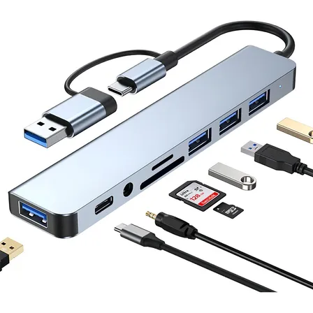 Hub USB C Malltradecl 8 Puertos, Alta Velocidad 3.0, Compatible Mac y PC, Plata