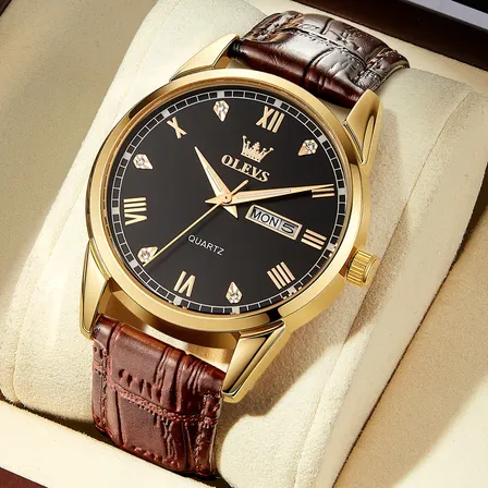 Olevs Relógio Masculino De Couro Classico Quartzo 6896 Marrom-claro Dourado Preto