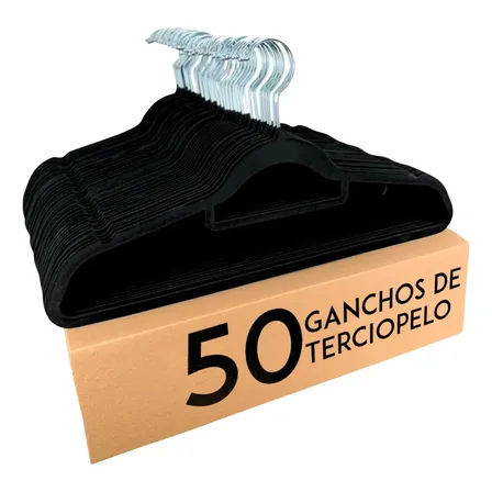 Set 50 Ganchos Terciopelo Para Ropa Antideslizantes Premium Color Negro