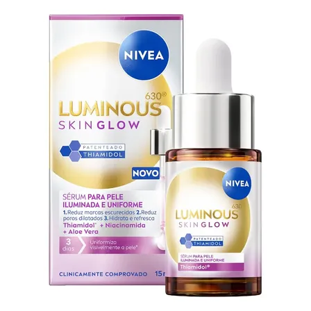 NIVEA LUMINOUS630 Skin Glow Sérum 15ml, Pele Uniforme, Glow Instantâneo, Reduz Manchas e Poros, Hidrata, Cuidado Facial Diário