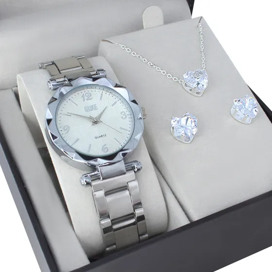 Relógio Feminino Analógico + Colar Brincos Folheado Ouro 18k