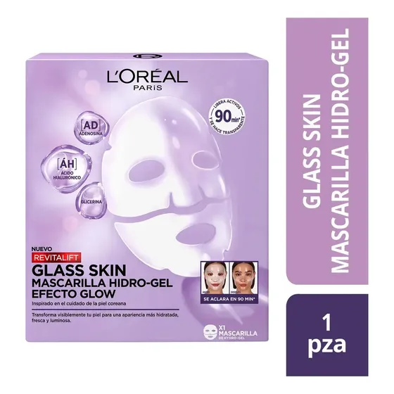 L’Oréal Paris Revitalift Glass Skin Mascarilla Hidrogel 1 pza EFECTO GLOW EN 90 MIN, Hidratación Profunda con Centella Asiática y Ácido Hialurónico. Para todo tipo de piel/ piel mixta a grasa