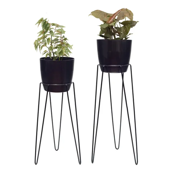 Pie Porta Maceta De Hierro Marca Amalfi 60 Y 50 Cm Con Maceta N22 Premium Color Negro