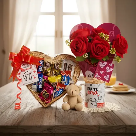 Cesta Chocolate Lacta Caneca Urso Buque Rosa Namorado Te Amo