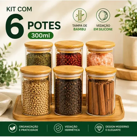 Kit 6 Pote Tampa De Bambu 300ml Hermético Vidro Borossilicato Porta Temperos Mantimentos Alimentos Redondo Cor Transparente Bravli Sem Cor