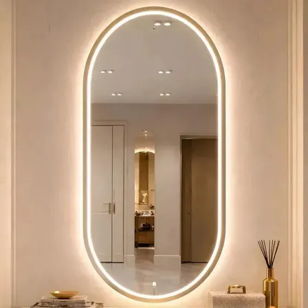 Espelho Oval 80x40 Com Led 3 Cores Touch Jateado Decorativo