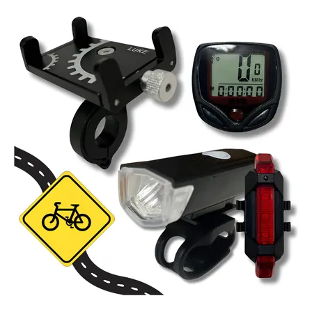 Kit Bike Iluminação Farol + Velocímetro + Suporte Celular Preto