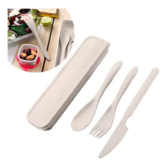 Set Cubiertos De Fibra Trigo Reusables Con Estuche 3pzas Color Beish