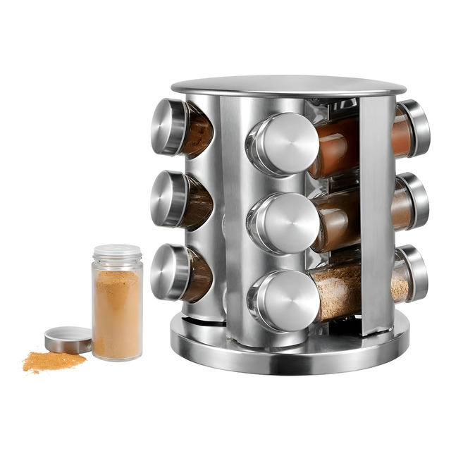 Porta-temperos Giratório Aço Inox Com 12 Potes Vidro 360º Mesa Prateado Porta-temperos Giratório Aço Inox Com 12 Potes Vidro 360º Mesa Prateado