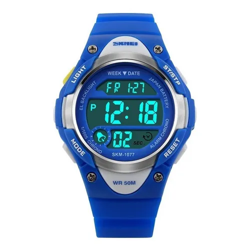 Skmei 1077 Reloj Para Niños Deportivo Sumergible Cronometro Color De La Malla Azul Color Del Bisel Plateado Color Del Fondo Gris
