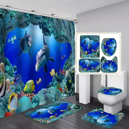 Juego De Baño Set Cortina Alfombras Tapa