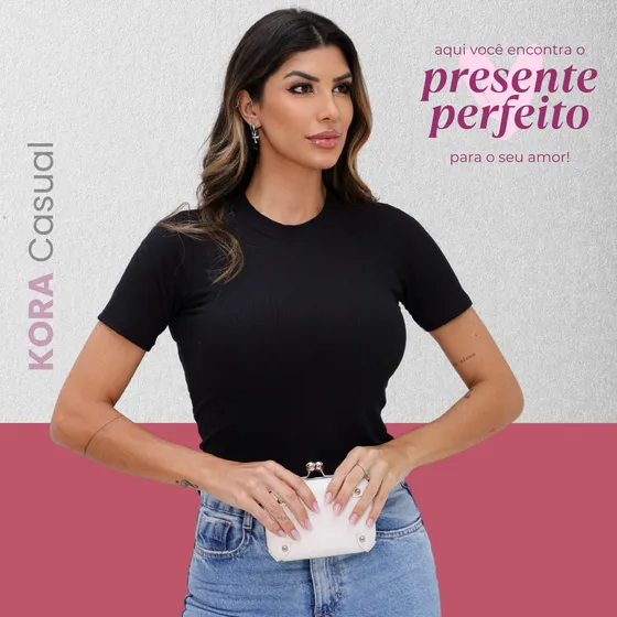 Blusa Camiseta Feminina Gola Alta Canelada Com Manga M Ao Gg
