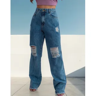 Calça Wide Leg Jeans Destroyed Jeans Pantalona Tendencia Calça Wide Leg Jeans Destroyed Jeans Pantalona Tendencia