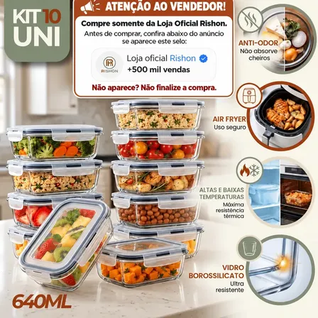 Kit 10 Potes Vidro Hermetico Vai Ao Forno Microondas 640ml Marmita Hermético Freezer Fitness Rishon