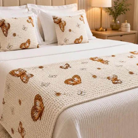 Kit Peseira Casal Piquet + 2 Capas Almofada Cama Borboleta Branco Borboletas