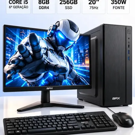 Computador Completo 20'' BRX Intel Core i5 6ª Geração 8GB SSD 256GB Monitor LED 75Hz Windows Teclado Mouse Kit Completo Desktop Office Home Office Estudo Trabalho