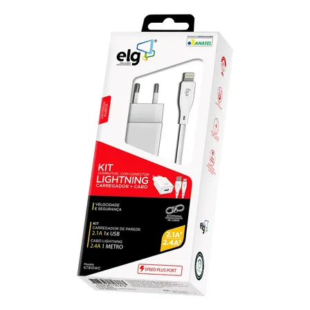 Kit Carregador de Parede USB-A + Cabo de Carregamento Lightning 1 m, ELG, KT810WC, 2.4A, 12W, Branco