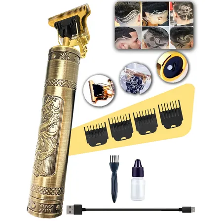 Máquina De Cortar Cabelo E Aparador De Barba Dr. Hank Dragão Dourado Lâmina T Profissional Sem Fio Recarregável Usb, 4 Pentes 1 Ao 4 Mm Motor Potente 127/220v