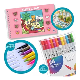 Kit Livro De Colorir Comfy E Cozy 96 Påginas + 24 Canetinha Ponta Dupla Para Colorir Educativo Volta As Aulas Férias Kit Livro De Colorir Comfy E Cozy 96 Påginas + 24 Canetinha Ponta Dupla Para Colorir Educativo Volta As Aulas Férias