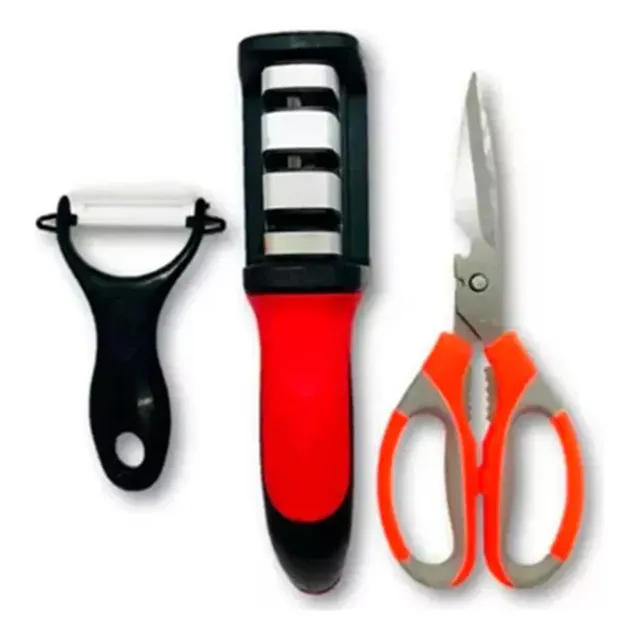 Set X3 Afilador Cuchillos + Tijeras Cocina + Pelador De Papa