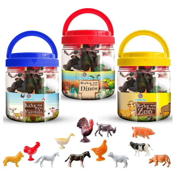 Kit Animais Fazenda Dinossauro De Borracha No Pote Brinquedo