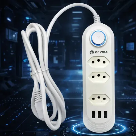 Extensão Elétrica 3 Tomadas Régua Bivolt C/ 3 Usb Cabo 2m Branco 110/220 V