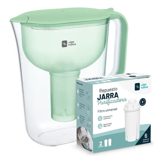Kit Jarra Purificadora Verde Claro 2,4l + 2 Filtros Sin Cloro Blancos