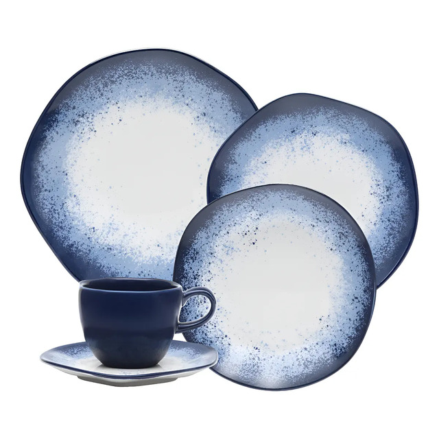 Aparelho De Jantar 20 Peças Galapagos Ryo Oxford Porcelana Branco E Azul Estampado Aparelho De Jantar 20 Peças Galapagos Ryo Oxford Porcelana Branco E Azul Estampado