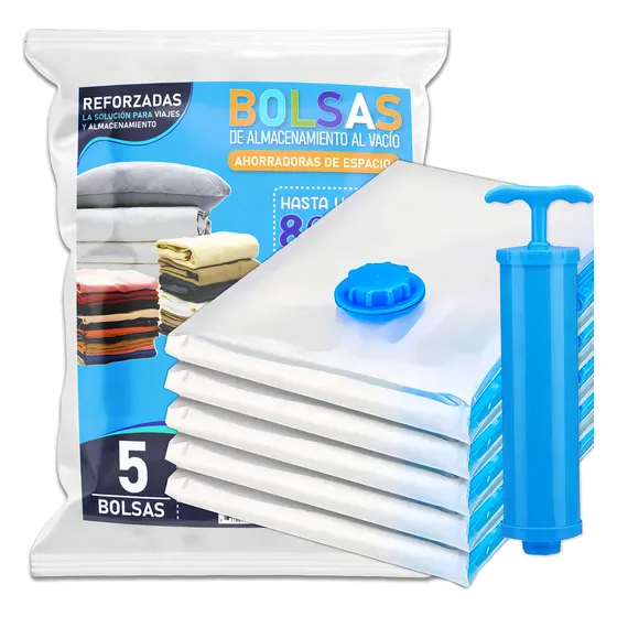 5 Bolsas De Empaque Al Vacío 70x50 + Bomba Ahorrador Espacio Lilito Hug Saver