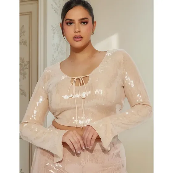 Blusa Top Lentejuelas Beige Xl Mamba