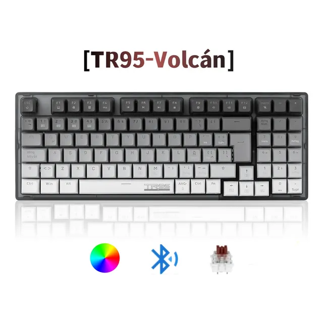 TERPORT Teclado Mecánico Inalambrico al 90% Español Brown Switch Volcán Bluetooth Usb Cableado TR95, Luces RGB Táctil Switch Hotswap Luces Full Rgb Teclado Inalámbrico 95 Teclas Antighosting