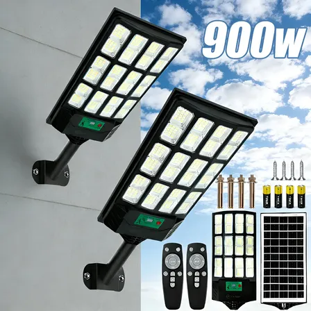 Kit 2 900w Luminaria Poste Solar Potente Com Sensor Solar Preto