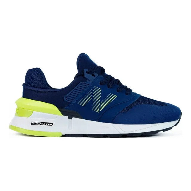 Tênis esportivo masculino New Speed na cor azul marinho com detalhes em amarelo neon no calcanhar e solado branco