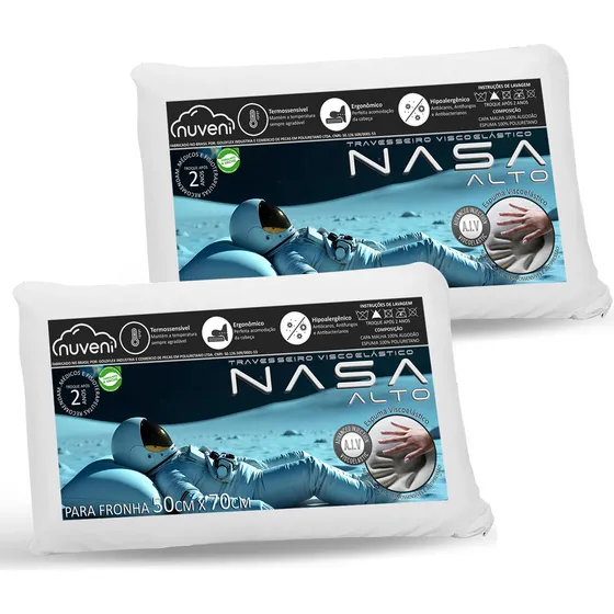 Kit 2 Travesseiro Nasa Viscoelástico Confortável Alto 13cm