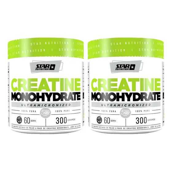 Pack de 2 unidades de suplemento Star Nutrition Creatina 100% Pura sabor sin sabor de 300g en pote