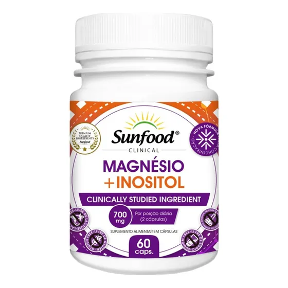Magnésio + Inusitol 700mg 60cáps Sunfood Humor Estresse Sabor Neutro