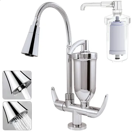 Torneira Para Pia De Cozinha Com Filtro Cuba Gourmet Flexível Bancada Cromada Aço Inox E Abs Cone Dois Jatos 1/4 De... Torneira Inox Cromada Torneira Filtro Brilhante
