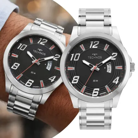 Relógio De Pulso Masculino Technos Analógico Prata e Preto com Caixa e Pulseira de Aço Inoxidável à Prova D` Água