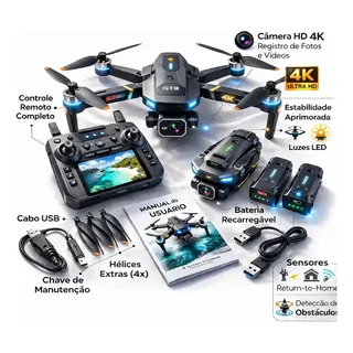 Drone Aéreo GT8 Max 4K Ultra HD com Câmera FPV, GPS e 2 Baterias