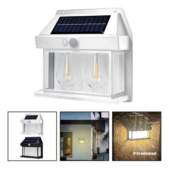 Aplique Pared Farol Solar 2 Luces Led Sensor Luz Cálido 2 Ampolletas Marca Beiti Color Blanco Luz De Jardin Resistente Al Agua De 2,4 Vatios 360 Lúmenes Con Sensor De Movimiento Autonomia De 8 Horas